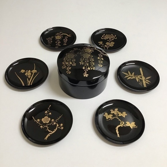 Vintage Japanese Black Lacquerware Box 6 Round Coasters Bamboo Cherry Blossom - Picture 5 of 12